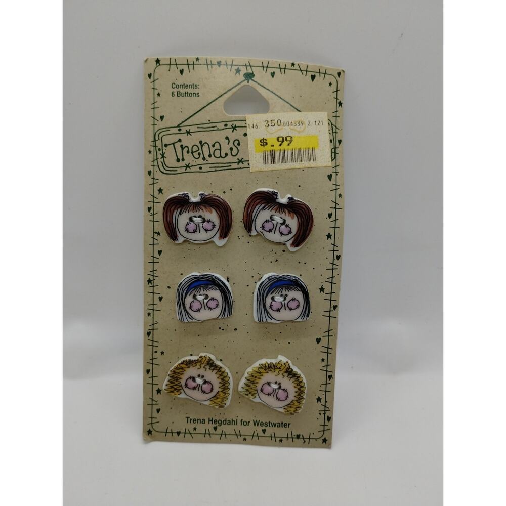 Lot Of 6 Trena’s Trinkets Ceramic Buttons Girl Faces Flat New Sewing